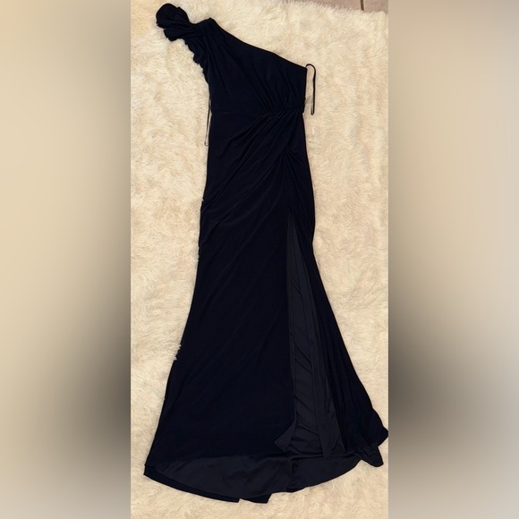 NWOT Mac Duggal Navy Blue Ruffle One Shoulder jersey Drape Gown sz 0 - Picture 2 of 7
